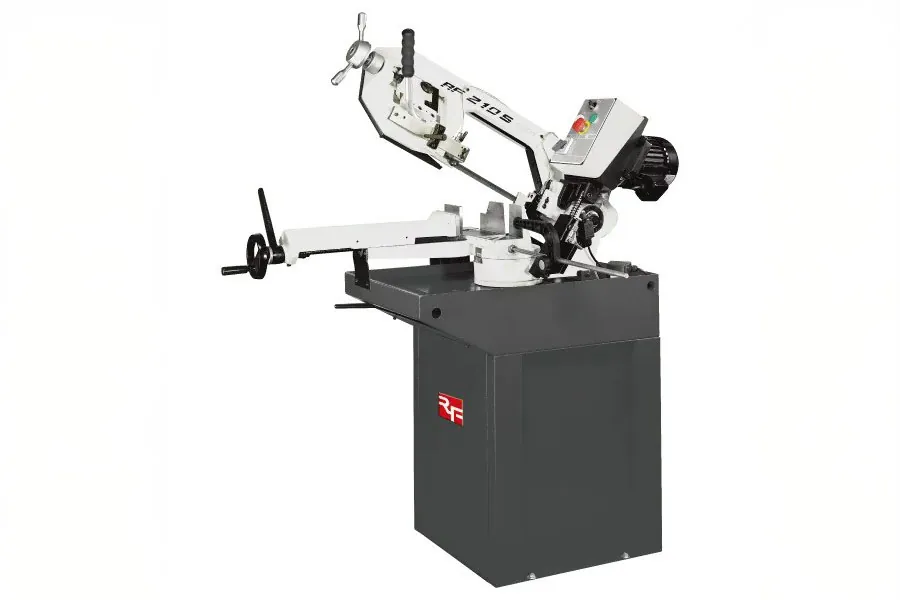 Image shows a downfeed enabled semi automatic band saw model by Rong Fu