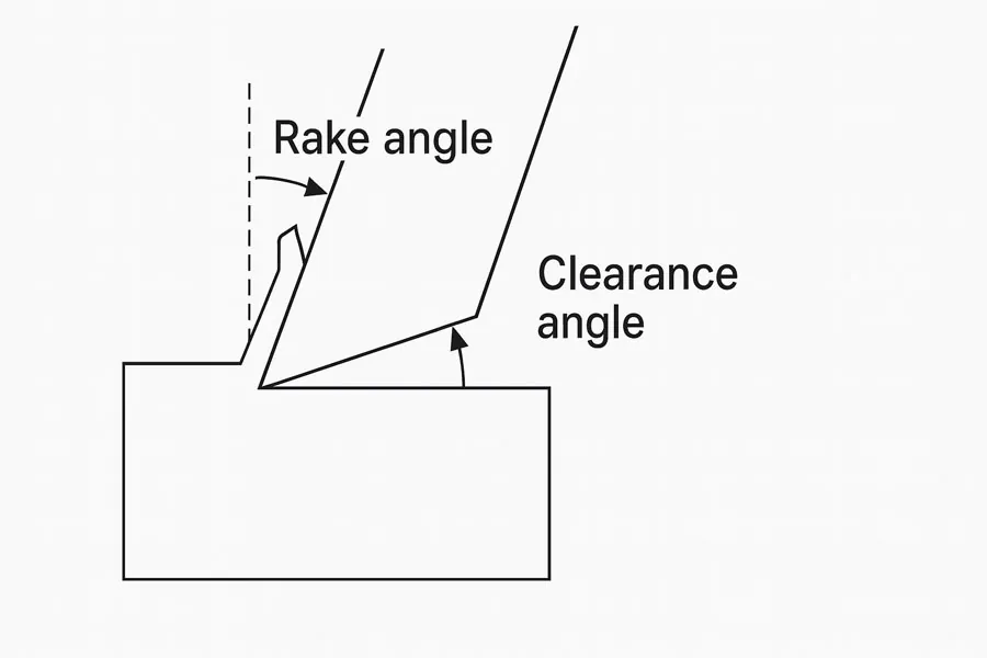 Line diagram which shows the relief angle (Also known as the clearance angle) as well as the rake angle for a cutting tool.
