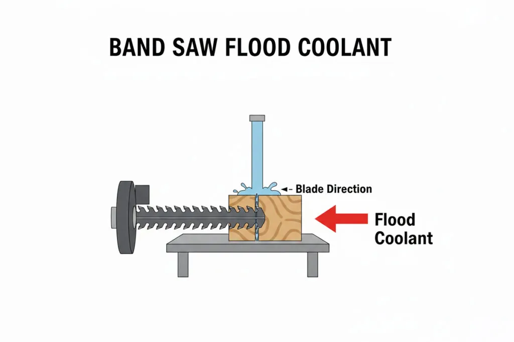 This is an image on a white background which explains the band saw term flood coolant for band saws