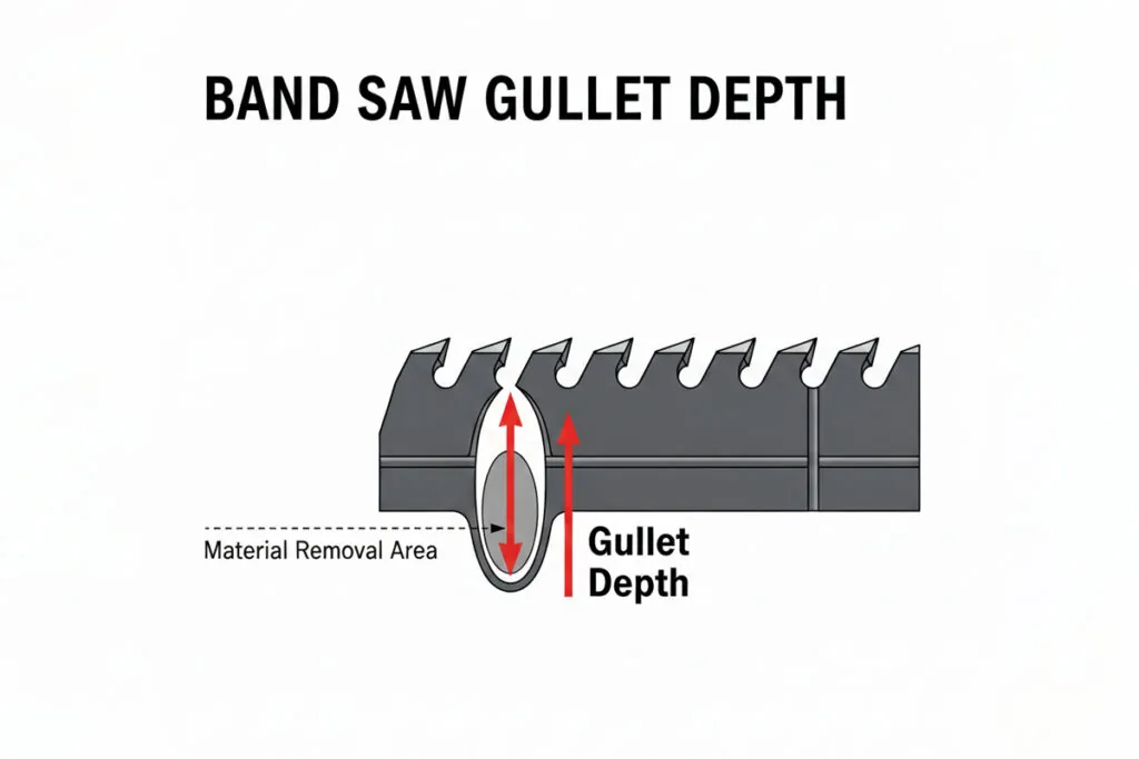 This is an image on a white background which explains the band saw term gullet depth for banc saws