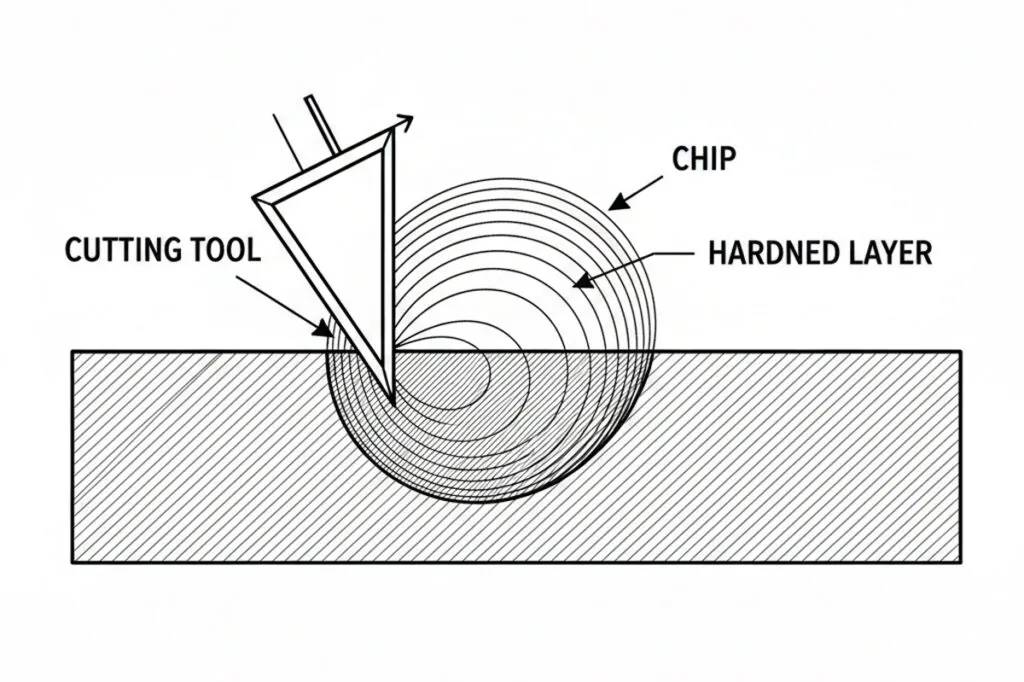 This is an image which uses a simple diagram of a tool cutting a workpiece to demonstrate the work hardening efffect in Mill Drill machines
