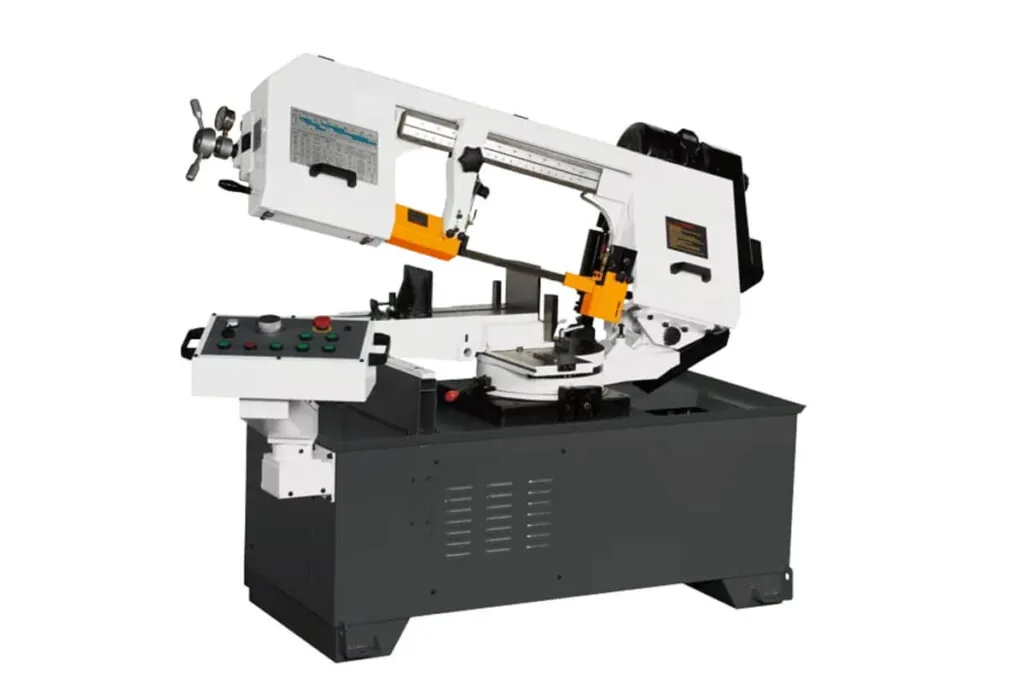 This image shows a modern semi automatic band saw to represent the conte