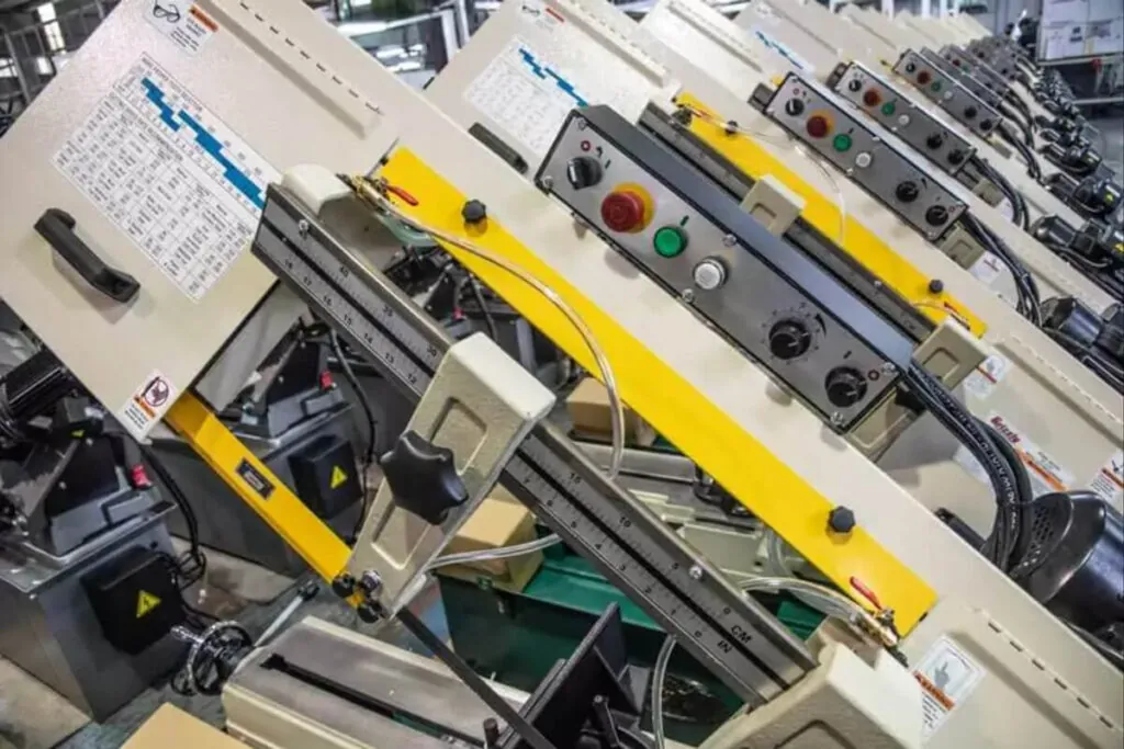 This image shows a line of high accuracy metal cutting band saws to represent the concept of band saw repeatability accuracy