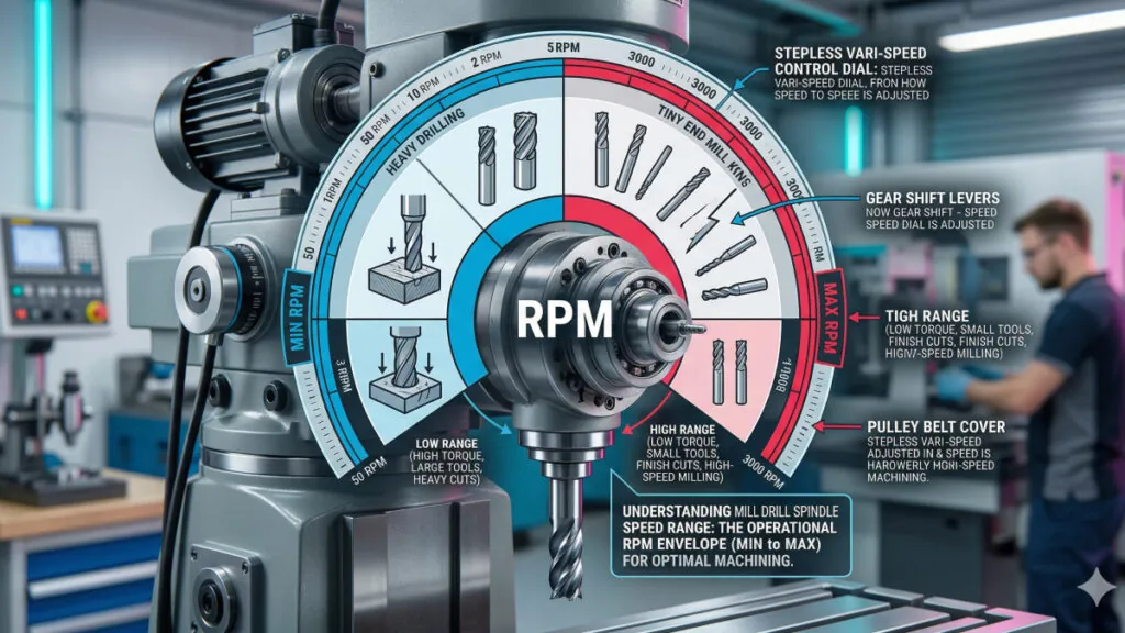 This is a diagram which shows the detials of different speed ranges for mill drill spindles